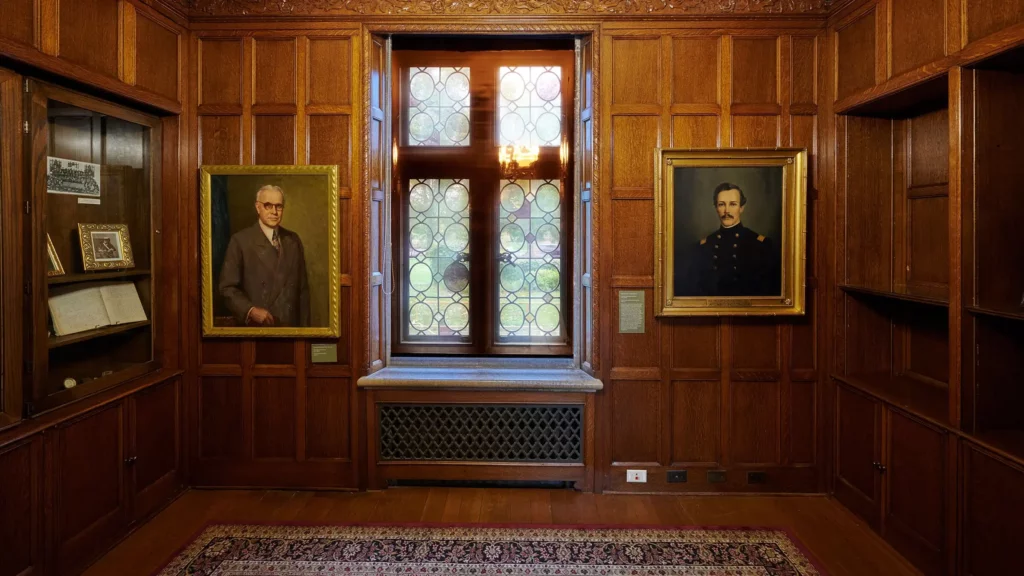 Mr. Paine’s Office features oak paneling, carved cornices, and patterned leaded glass windows.