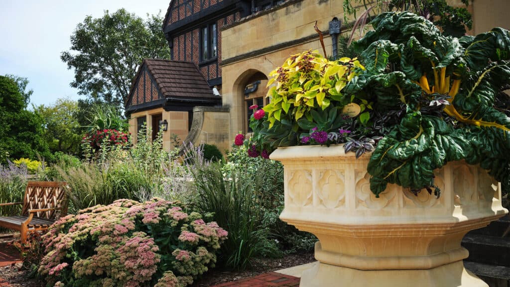 A large planter bursts with plants while tiered gardens in the background are in full bloom.