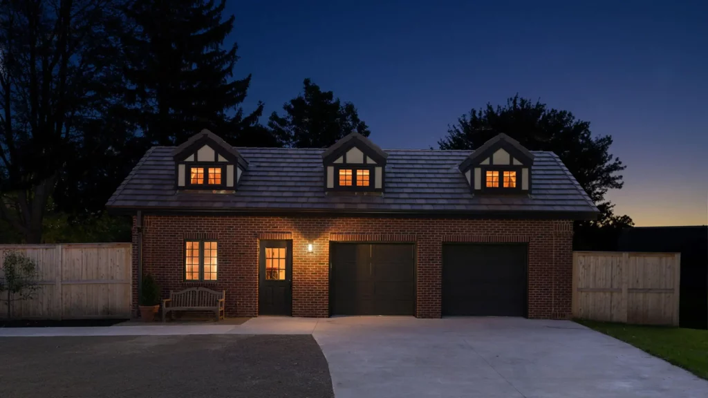 The Garden Garage, pictured in the evening, is made of brick and has two garage doors and three windows.