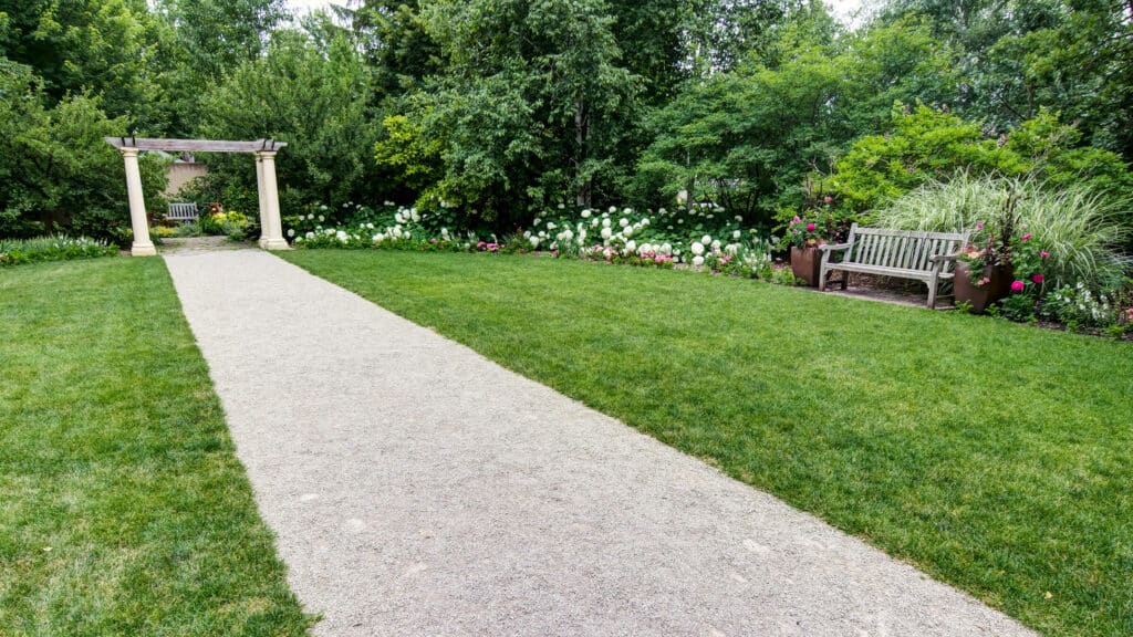 The Ceremony Garden features an oval shape with a pergola and changing florals in spring and summer.