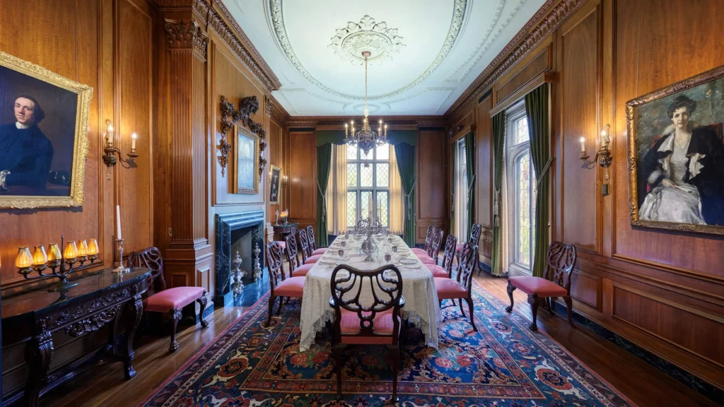 The Dining Room features ornate floral designs and walnut paneling.