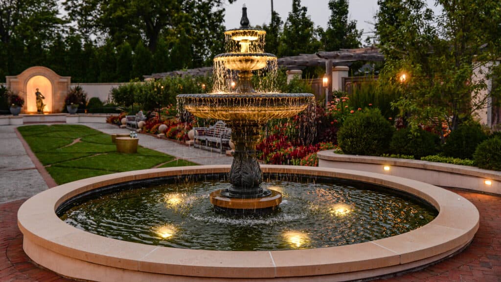 The Formal Garden fountain at sunset.