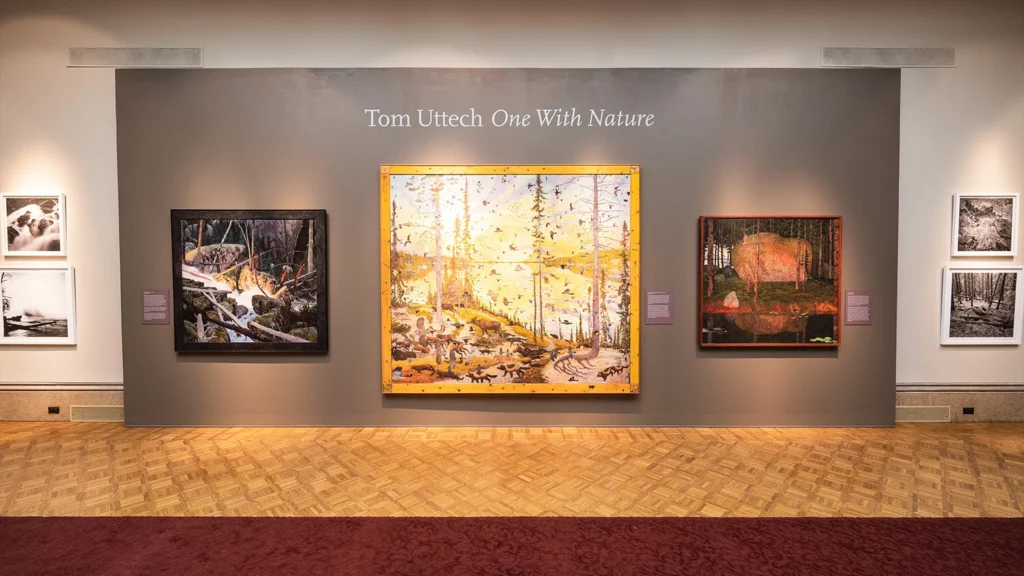Large-scale paintings by Tom Uttech hang in the Main Gallery.