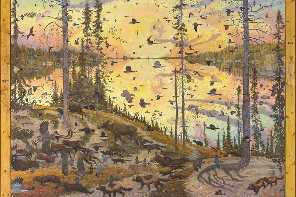 A selection of Tom Uttech’s painting, Nin Gassinsibingwe (I Wipe My Tears), depicting a natural scene with wild game and birds walking to the left.