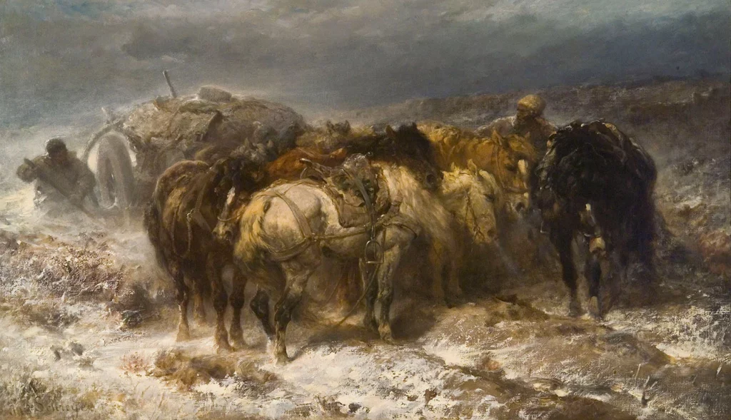 A pack of horses in a harsh winter.