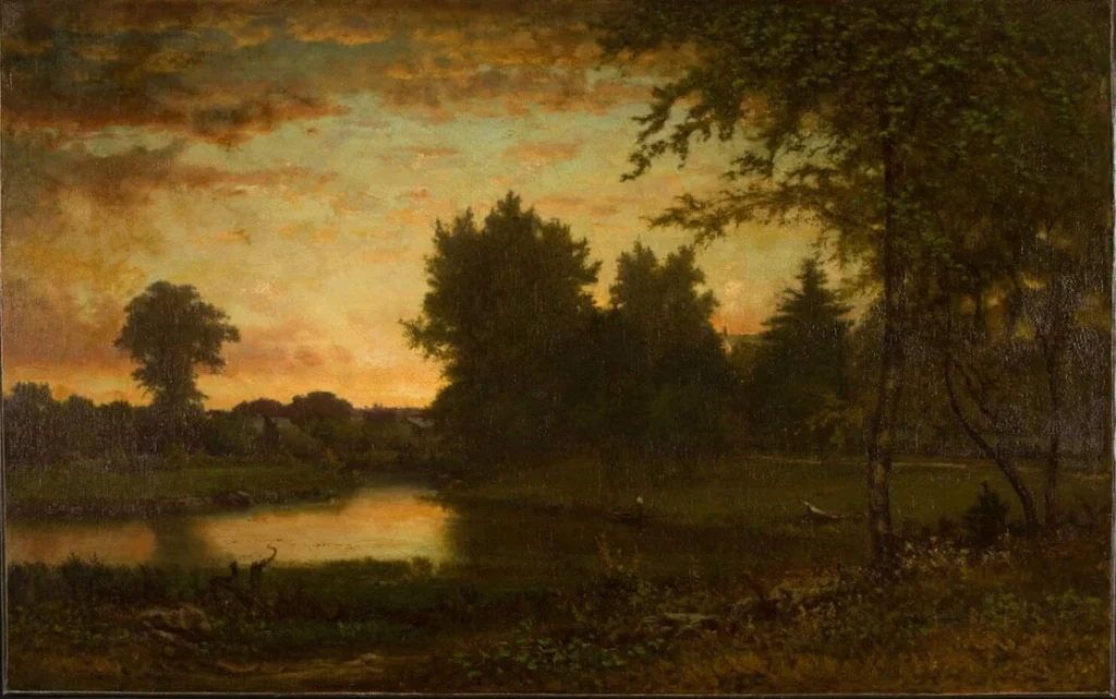 A radiant painting sunset along a river, with trees and a fisherman in a boat near the shore.