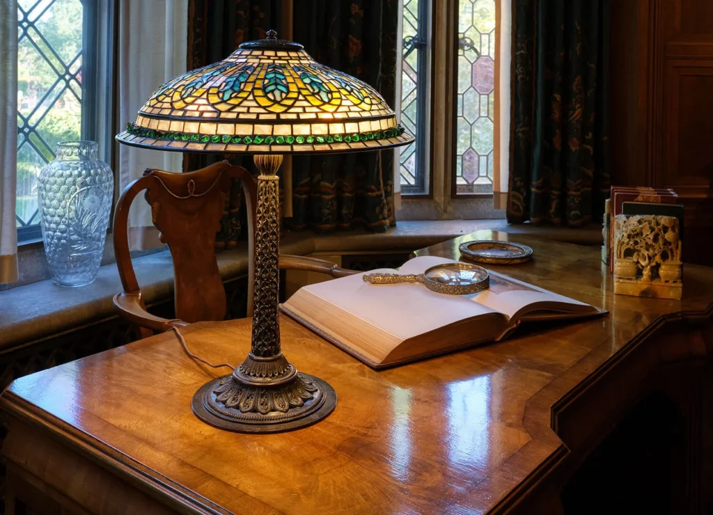 A leaded-glass and bronze table lamp with floral motifs and geometric patterns.
