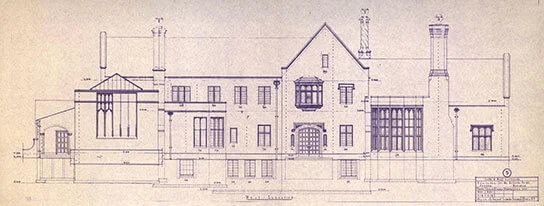 An architectural drawing of the front façade of the mansion