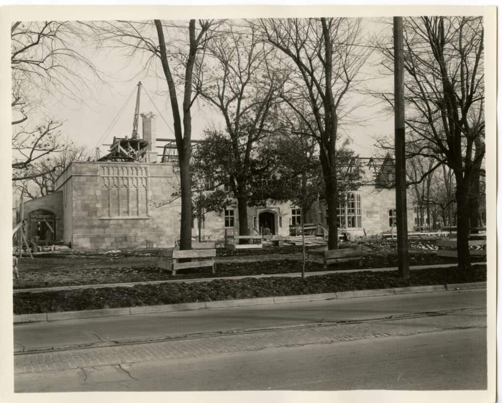 The front façade of the Paine mansion while under construction in the late 1920s.