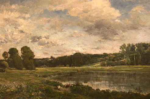 Oil painting of the Oise river in France, with three women kneeling along the shore.