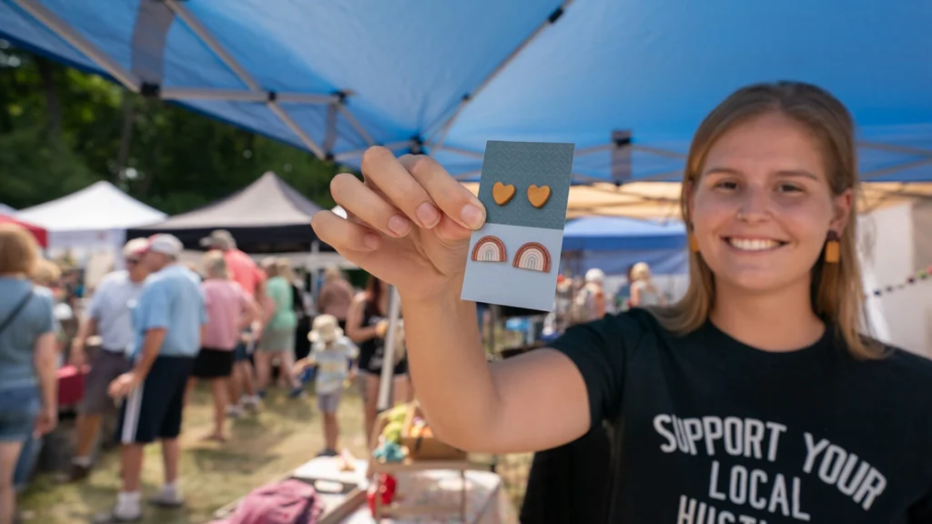 A girl holds up a pair of earrings she is selling at Faire on the Green in 2023.