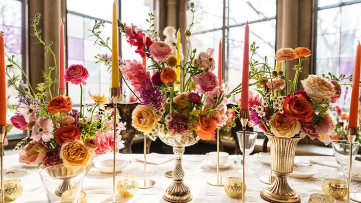 The Breakfast Rooms displays in bright pink and orange flower arrangements, with the sun shining in through stained-glass windows.