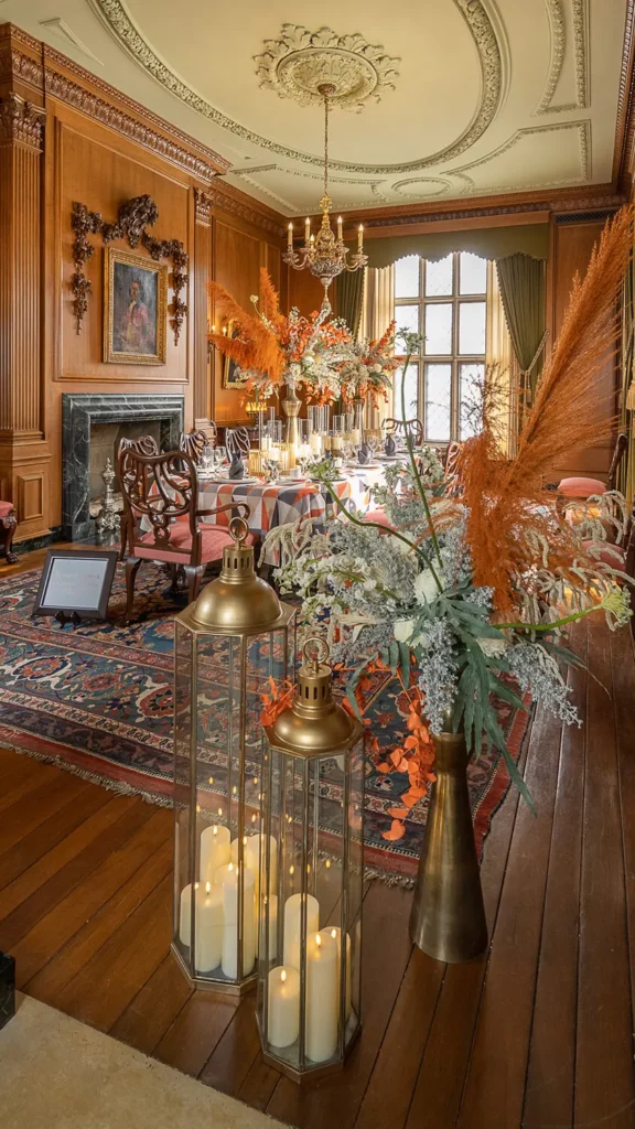 The Dining Room is saturated in shades of orange and maroon, with tall floral arrangements and feathery textures on the table.