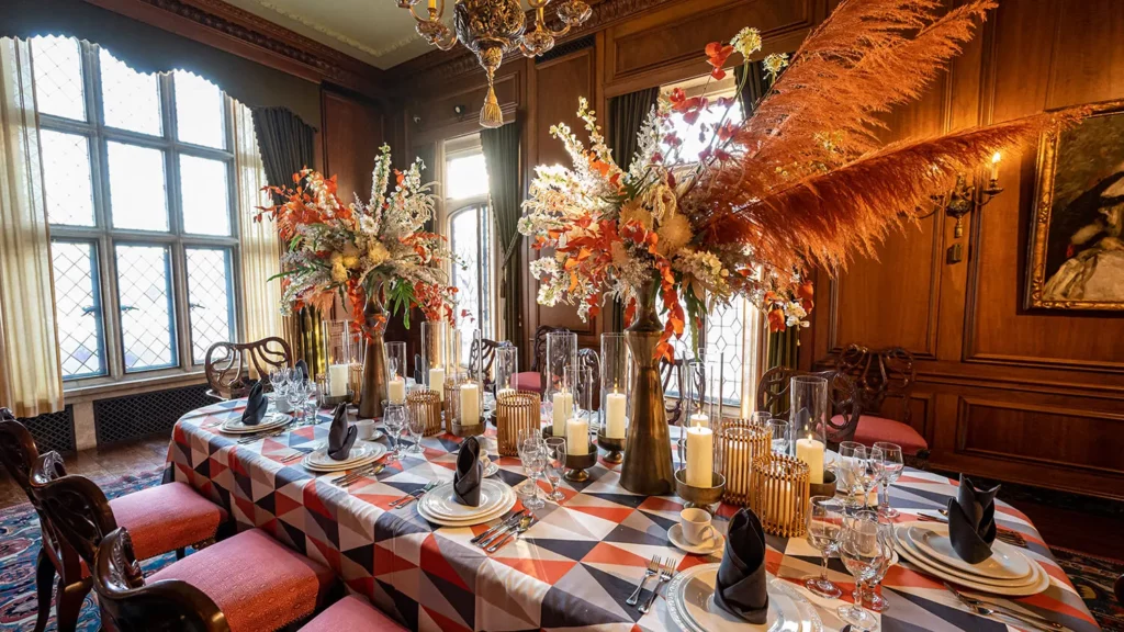The Dining Room is saturated in shades of orange and maroon, with tall floral arrangements and feathery textures on the table.