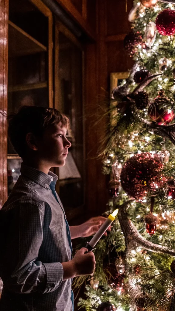 A boy holding a candle admires a Christmas tree during a candlelight tour.