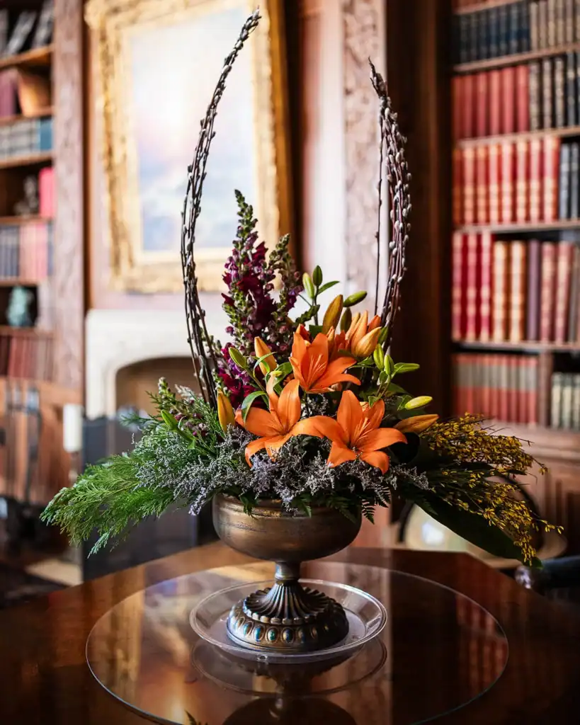 A floral arrangement on view in the Library.