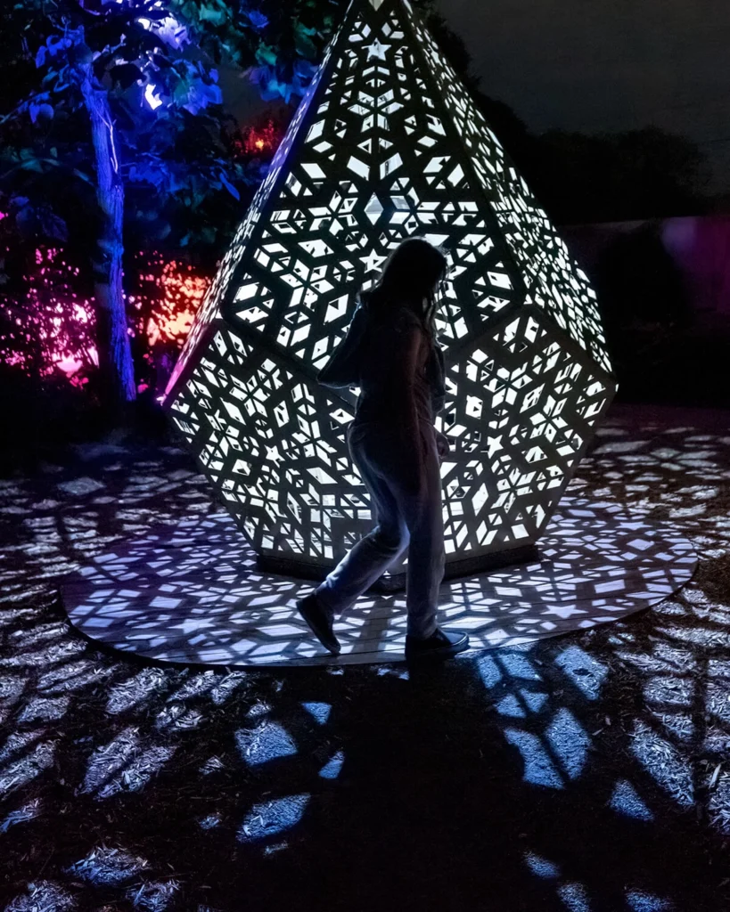 A visitor in front of an illuminated sculpture at night.
