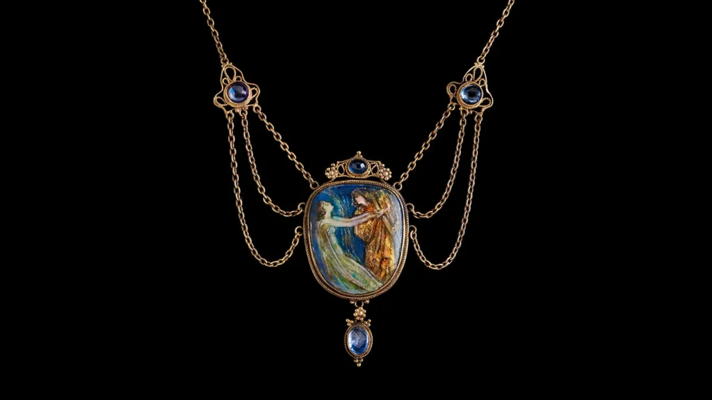Attributed to Guild of Handicraft, Necklace, c. 1900. Gold, sapphire, enamel. Photograph by John Faier, © 2014 The Richard H. Driehaus Museum.