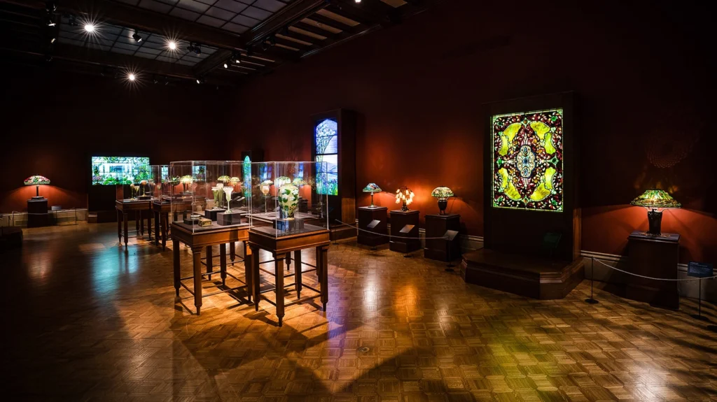 Stained glass windows and lamps on view in the Main Gallery.