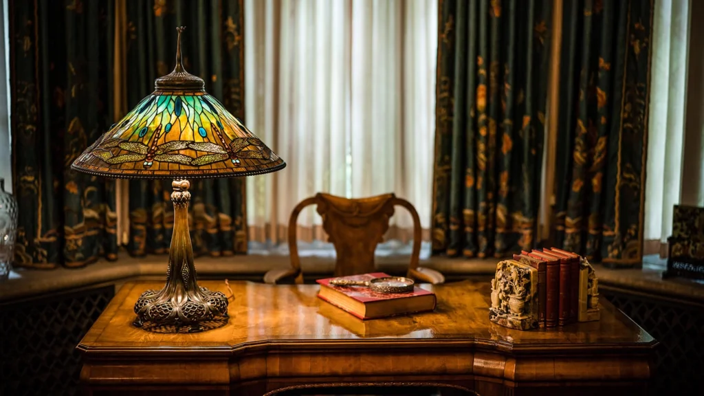 A stained glass lamp on a desk.