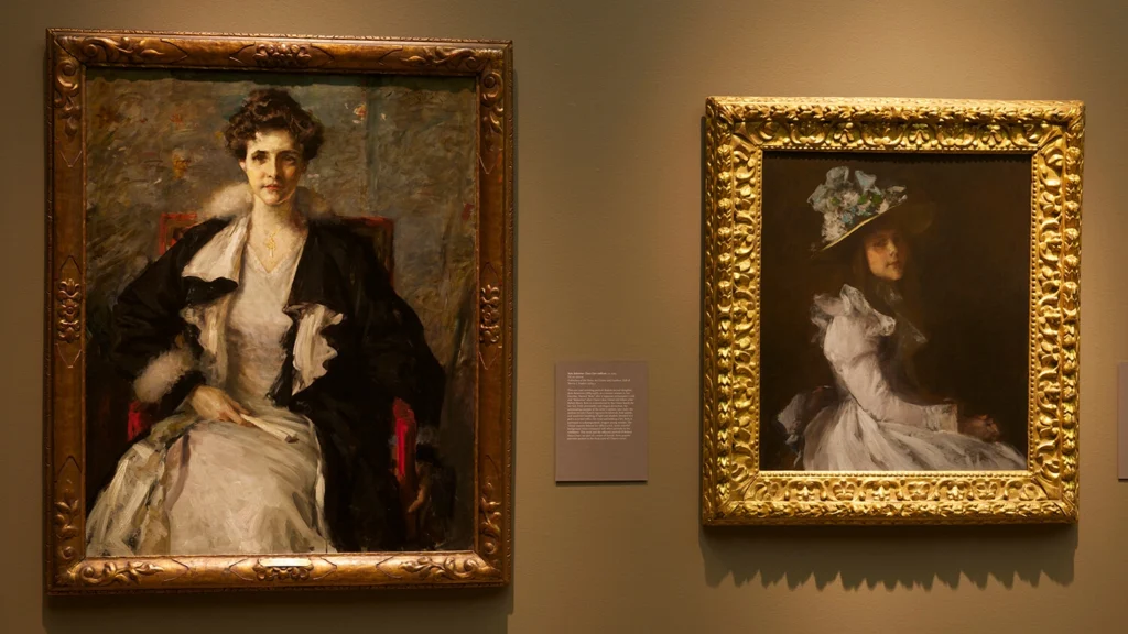 Artworks by William Merritt Chase hang on a wall.