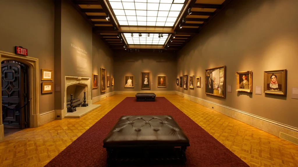 Artworks by William Merritt Chase hang on a wall.