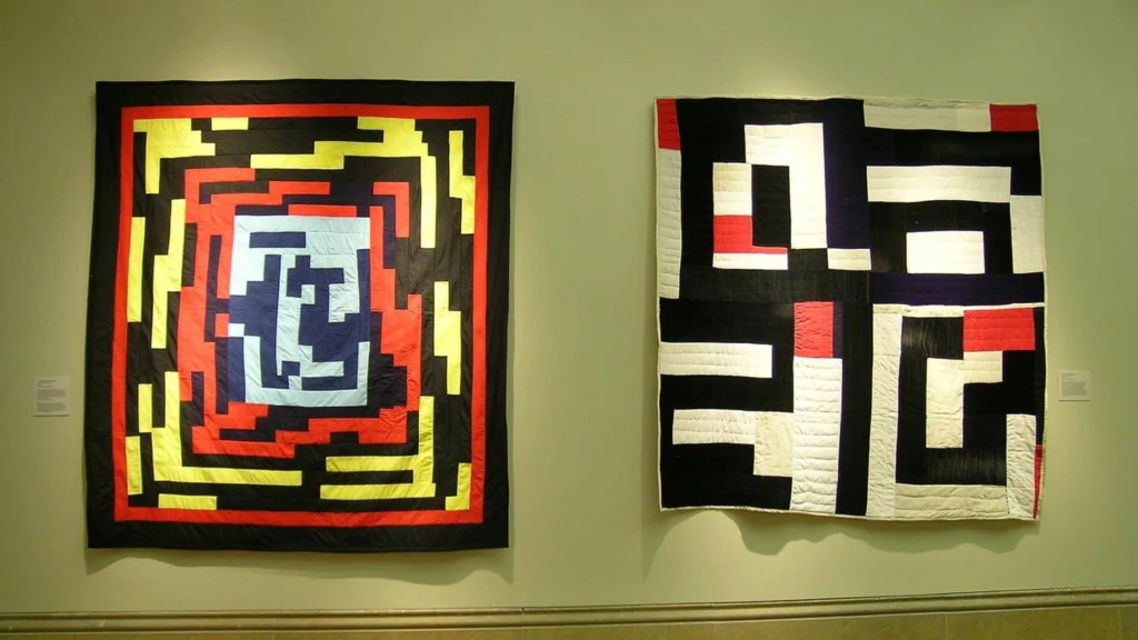 Brightly colored quilts on view in the main gallery.
