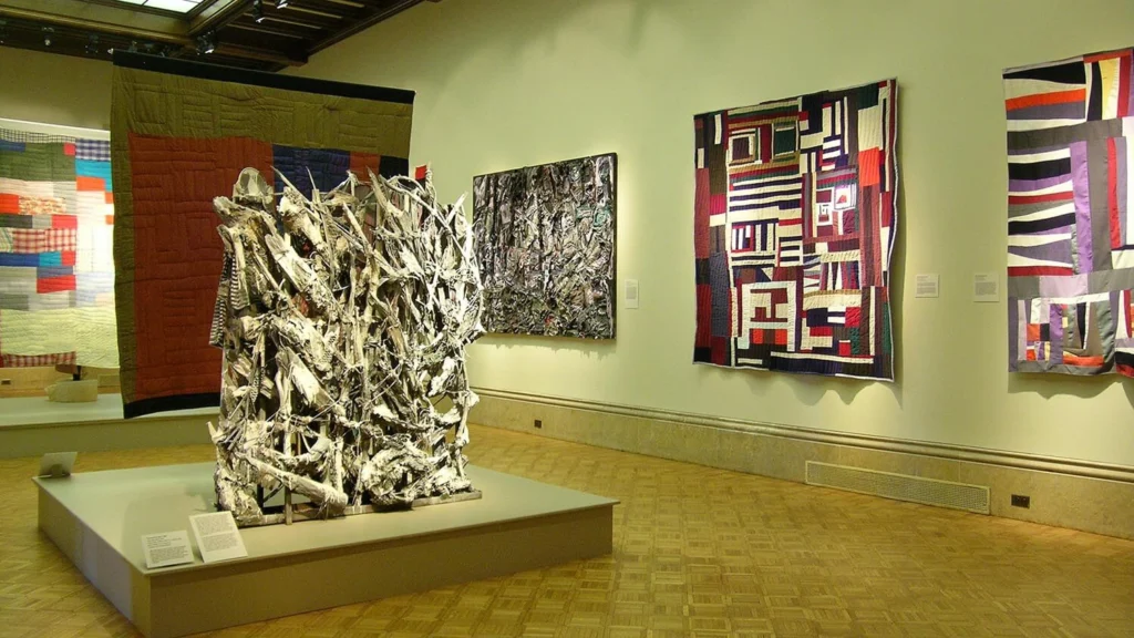 Brightly colored quilts on view in the main gallery.