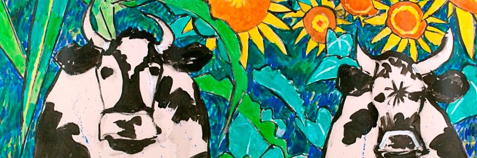 A painting of cows and flowers