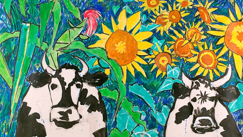 A painting of cows and flowers.