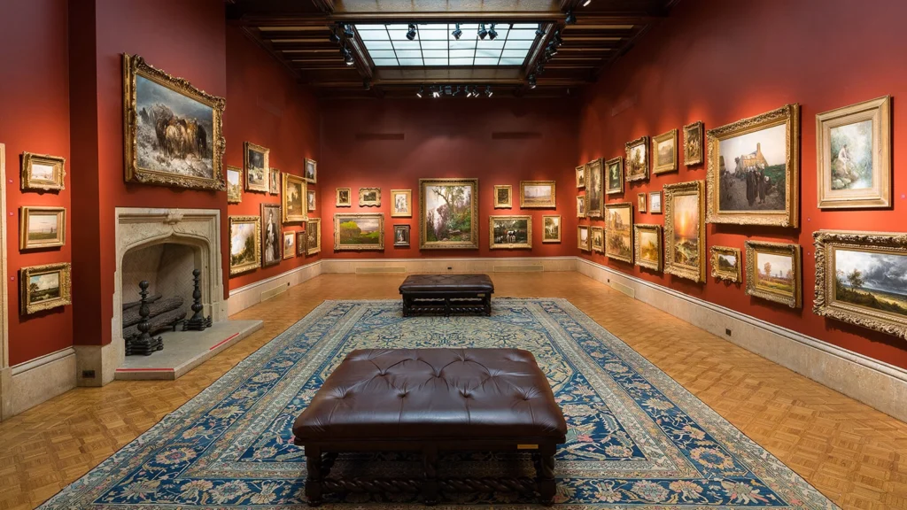 A view of the main gallery featuring a salon-style hanging of masterpiece artworks.