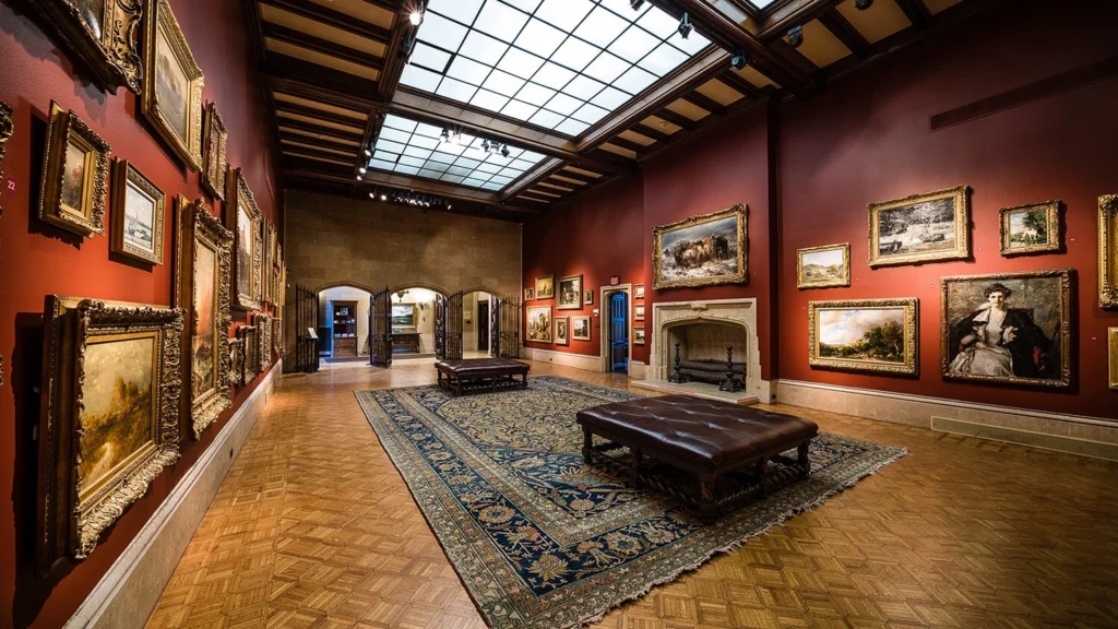 A view of the main gallery featuring a salon-style hanging of masterpiece artworks.