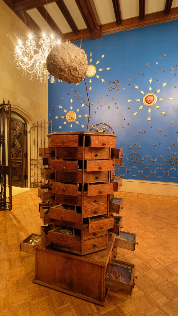 A dresser of specimens with a beehive on top.