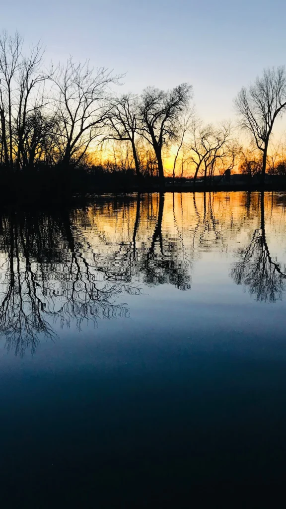A lake meets a natural landscape at the shore under a sunset in autumn.