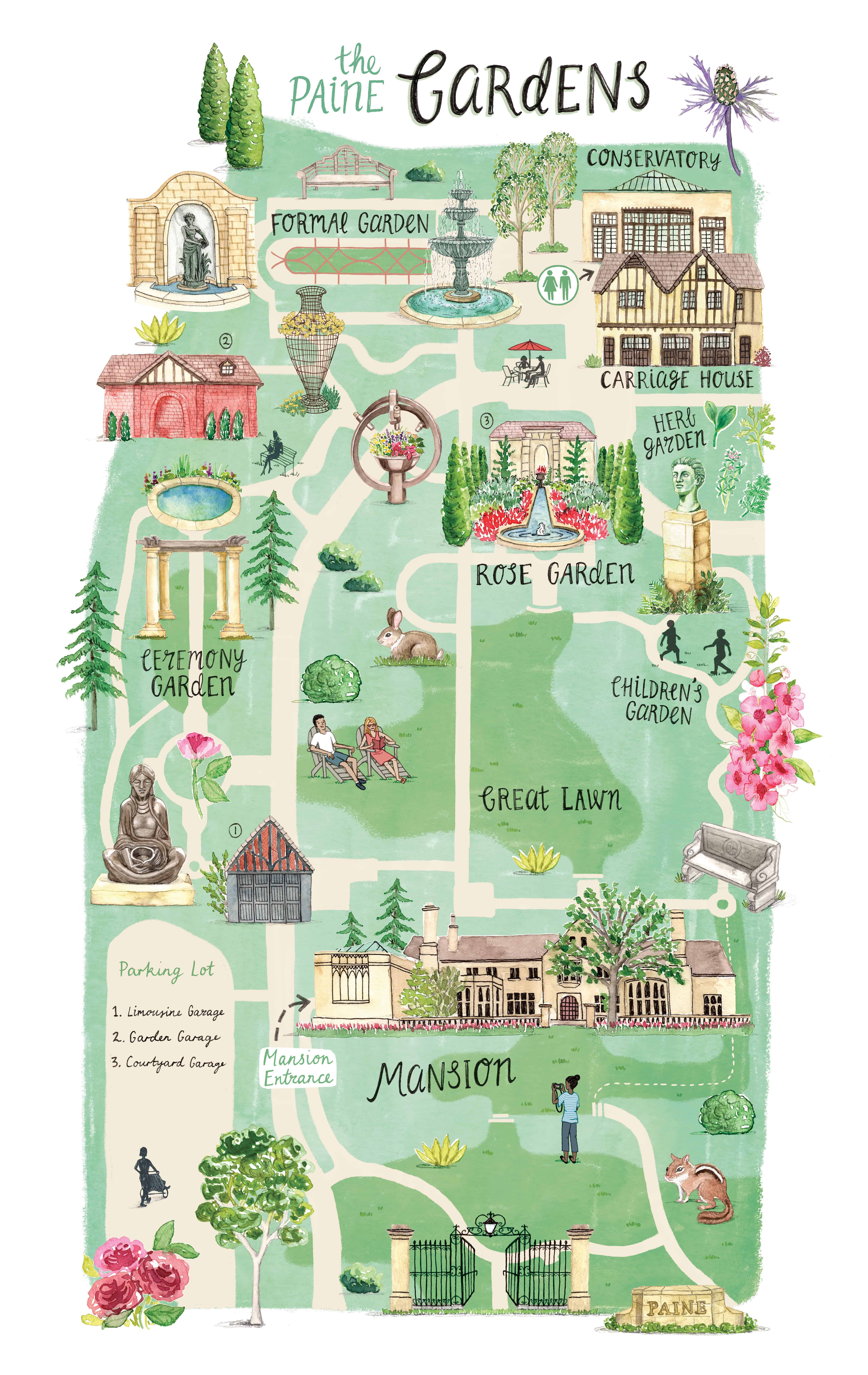 illustrated map of The Paine gardens