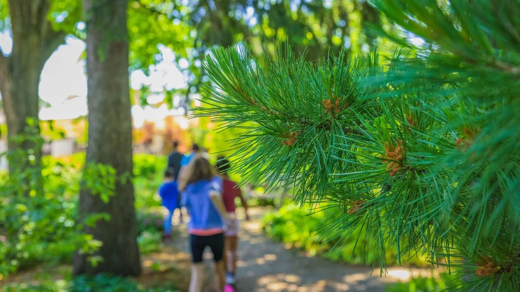 Children walk through the gardens.