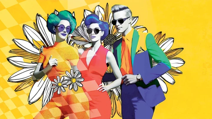 Three people in groovy attire against a yellow backdrop with daisies.