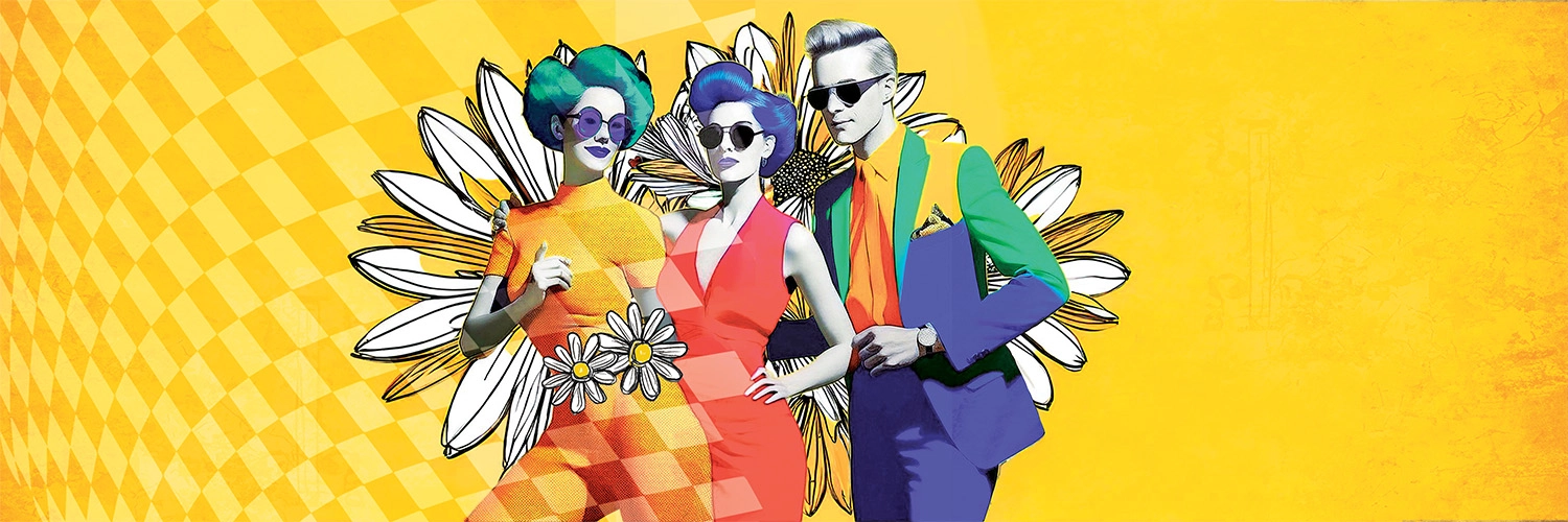 Three people in groovy attire against a yellow backdrop with daisies.