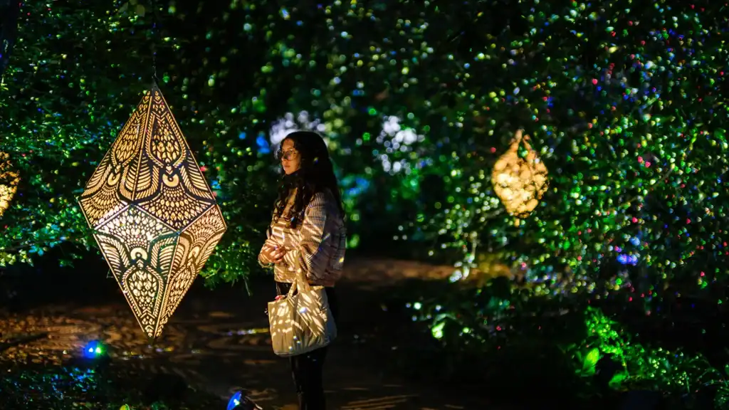 A girl looks at an illuminated sculpture at The Nature of Light.