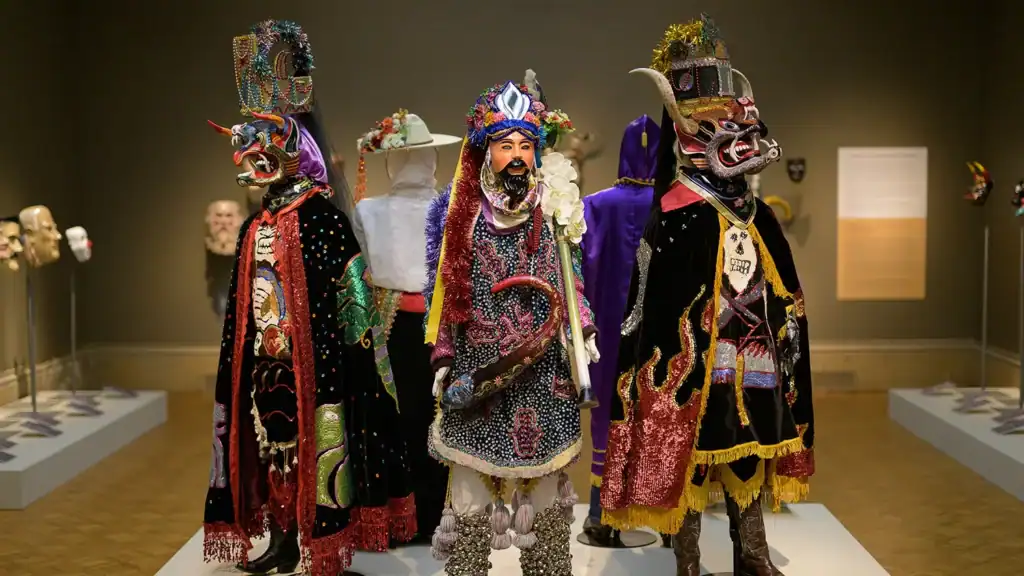Regalia and masks on view for "Dancing with Life: Mexican Masks" in the main gallery.
