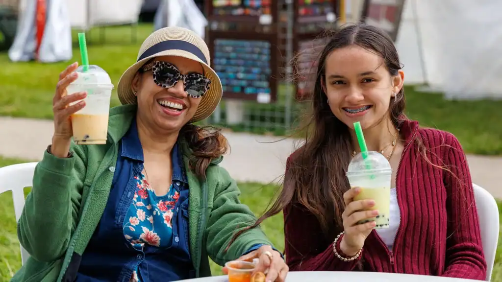 Festival goers pose for a photo
