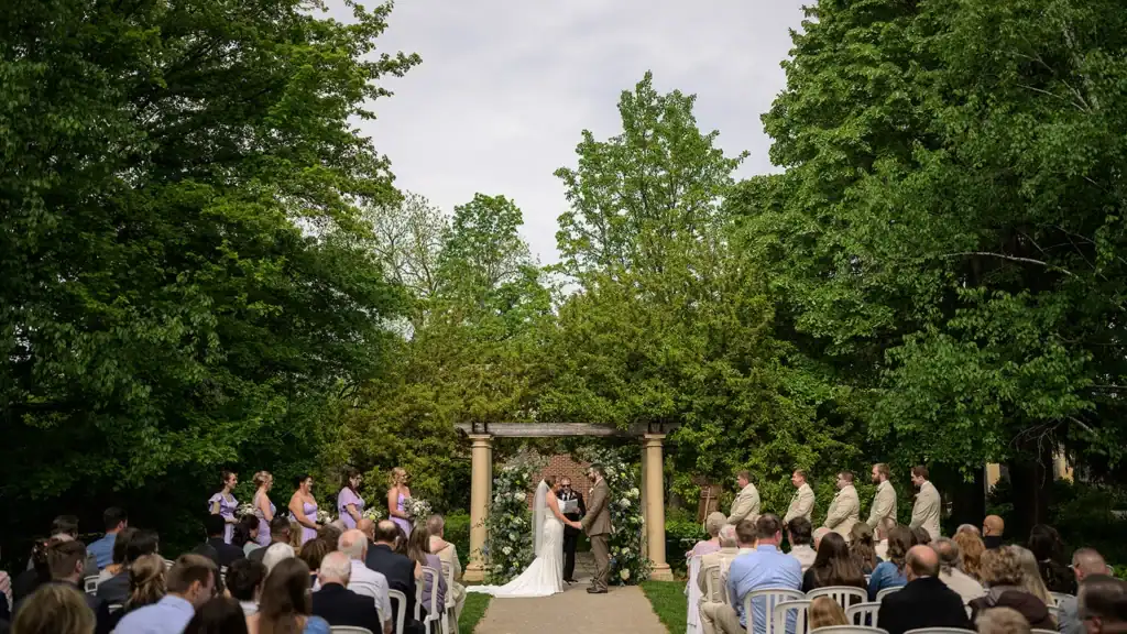 A wedding ceremony in the Paine gardens